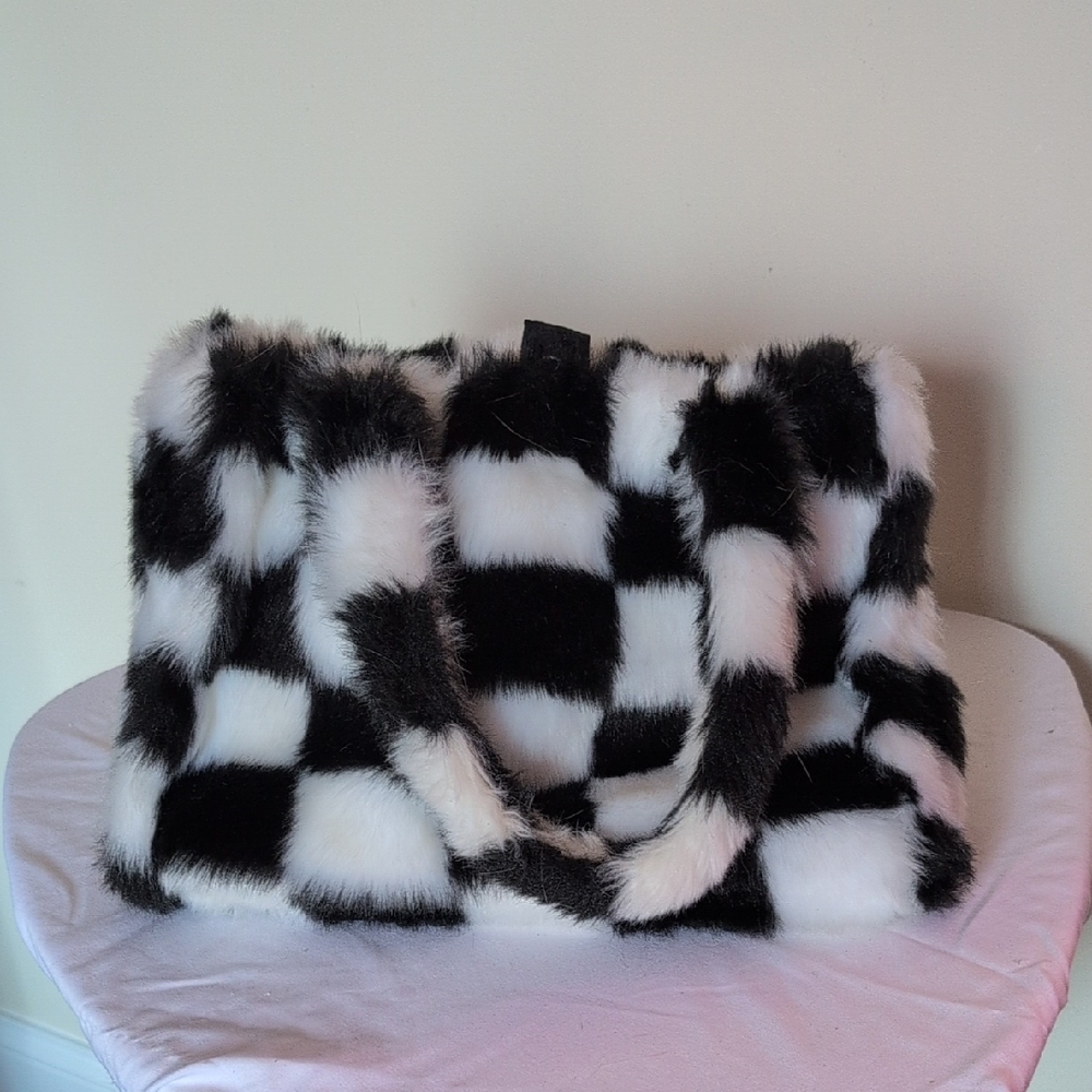 Stylish Black and White Checkered Faux Fur Bag